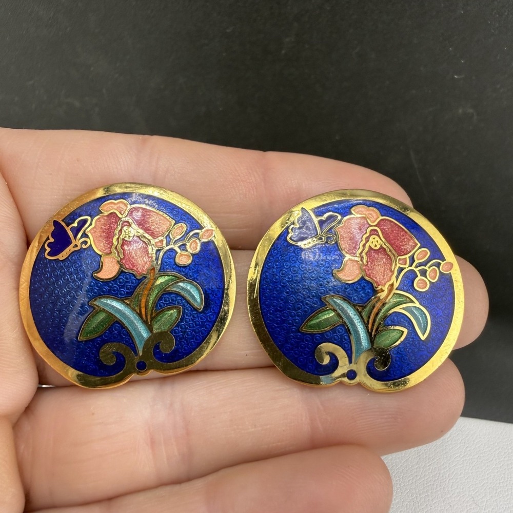 Vintage Cloisonne Pierced Earrings Blue Butterfly Gold Tone Enamel Flower